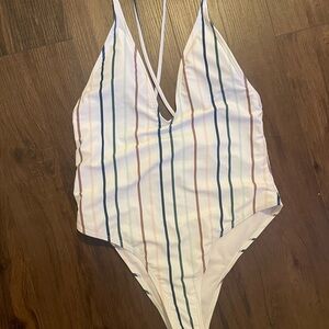 Deep V cross back striped One Piece swimsuit | Size L